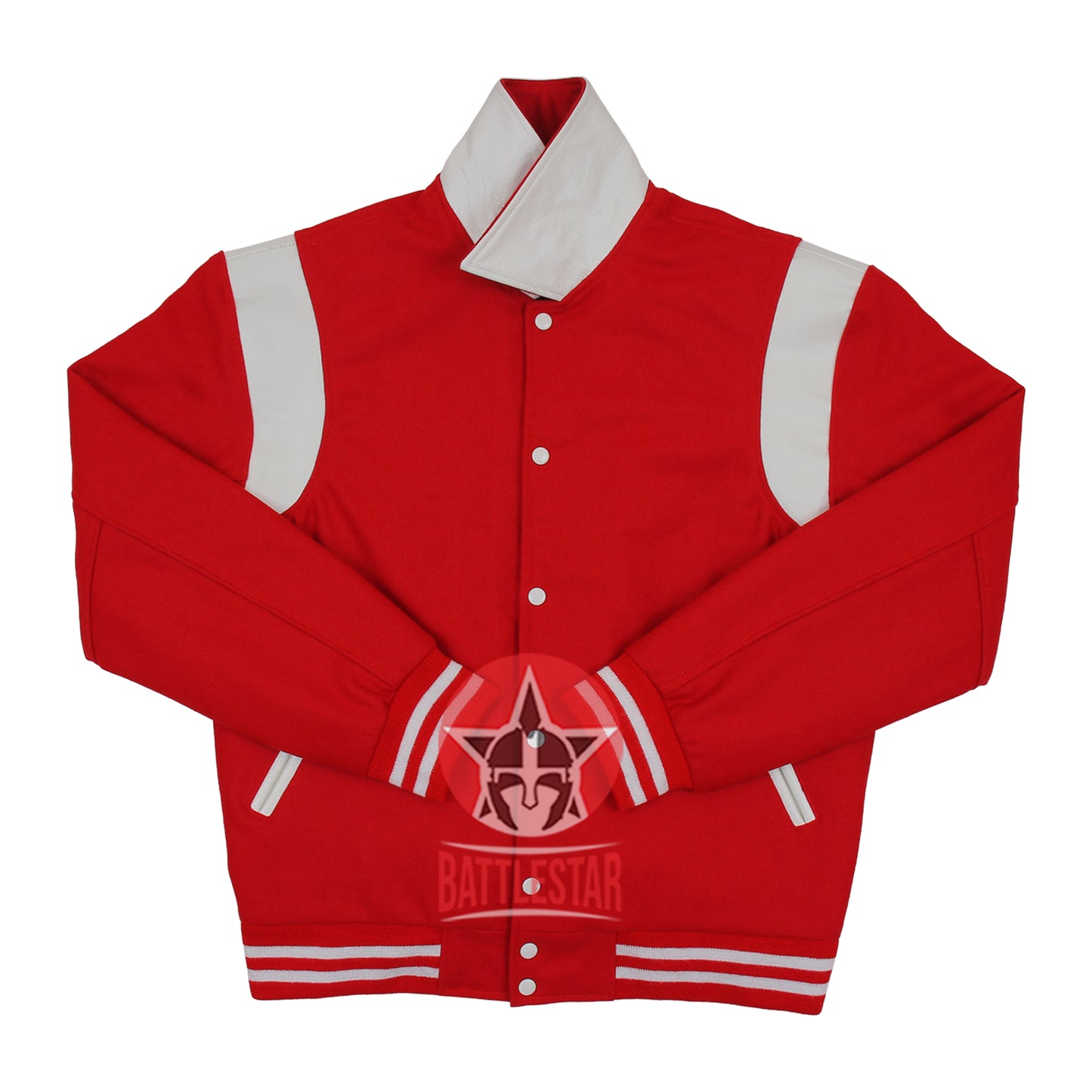 Byron Collar Red Wool White Leather Stripes Varsity Baseball Jacket