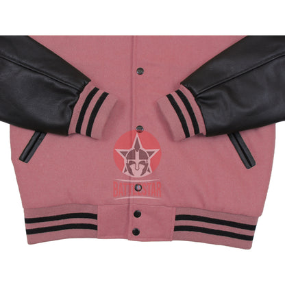 Baby Pink Wool Black Leather Hooded Baseball Letterman Varsity Jacket