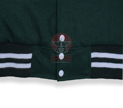 Forest Green Wool White Leather Sleeves  Varsity Jacket