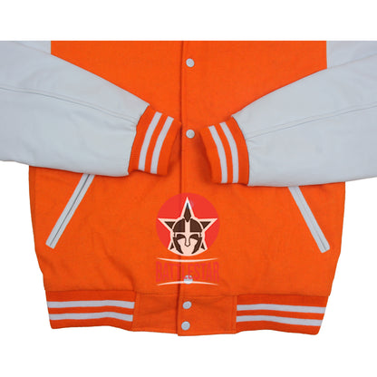 Orange Wool Varsity Jacket White Leather Sleeves