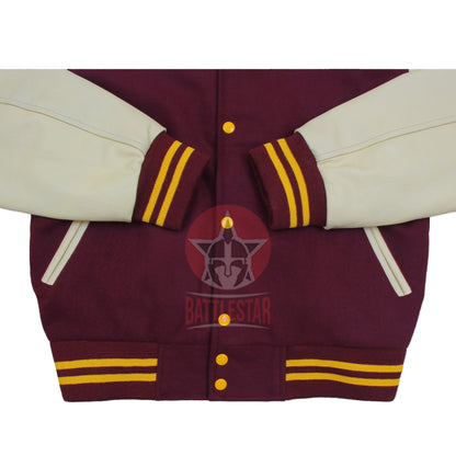 Maroon Wool Cream Leather Sleeves Hooded Varsity Jacket