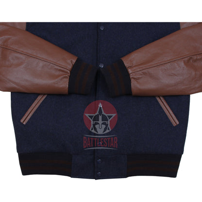 Navy Blue Wool Varsity Jacket Brown Pure Leather Sleeves