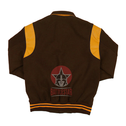 Byron Collar Brown Wool Gold Yellow Leather Stripes Varsity Baseball Jacket
