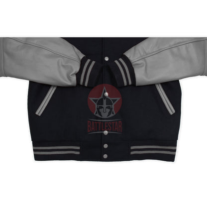 Black Wool Gray Leather Sleeves Hooded Varsity Jacket