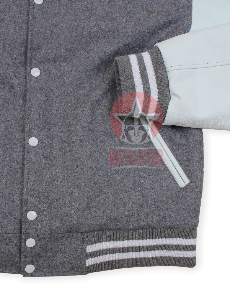 Gray Wool white Leather Sleeves Varsity Jacket