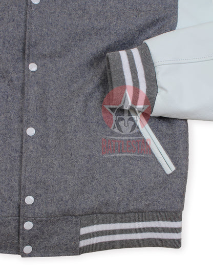 Gray Wool white Leather Sleeves Varsity Jacket