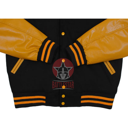 Hooded Black Wool Varsity Jacket Gold Yellow Leather Sleeves