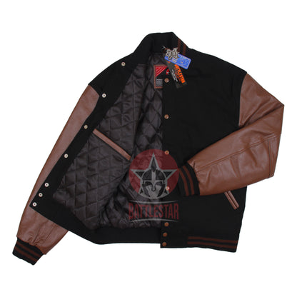 Black Wool Brown Leather Sleeves Varsity Baseball Bomber Jacket