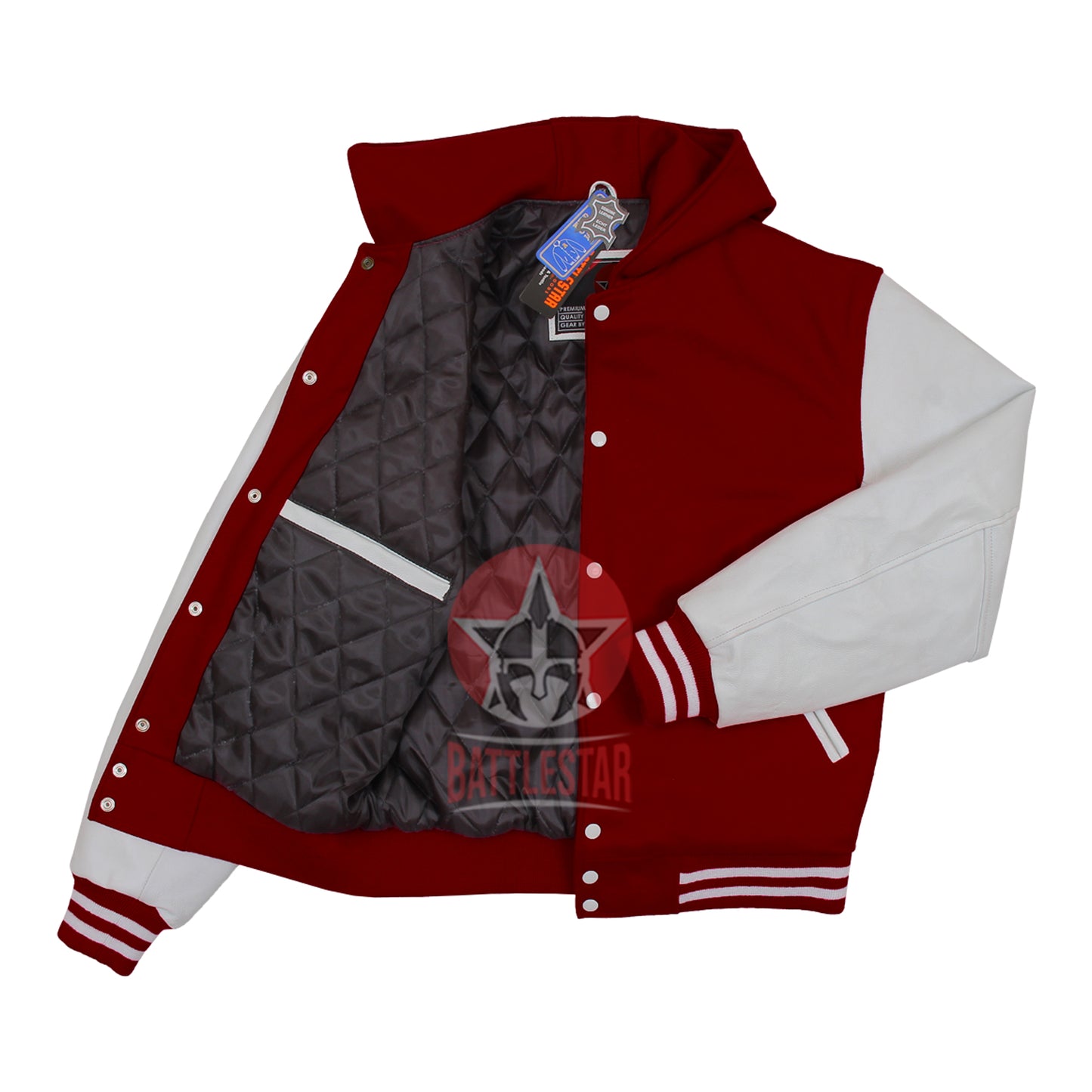 Maroon Wool White Leather Sleeves Hooded Varsity Jacket