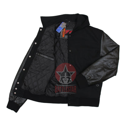 Black Wool Hooded Varsity Jacket Black Leather Sleeves
