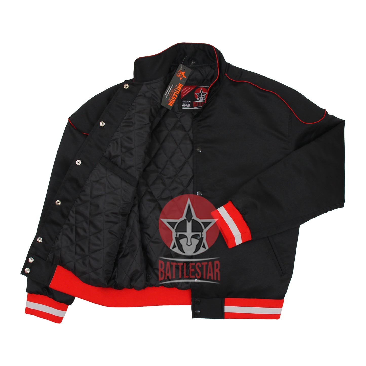 Black Satin Varsity Baseball Jacket Red White Rib