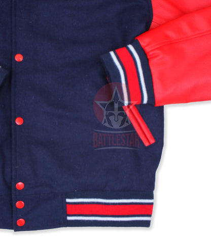 Navy Blue Wool Varsity Jacket Red Leather Sleeves