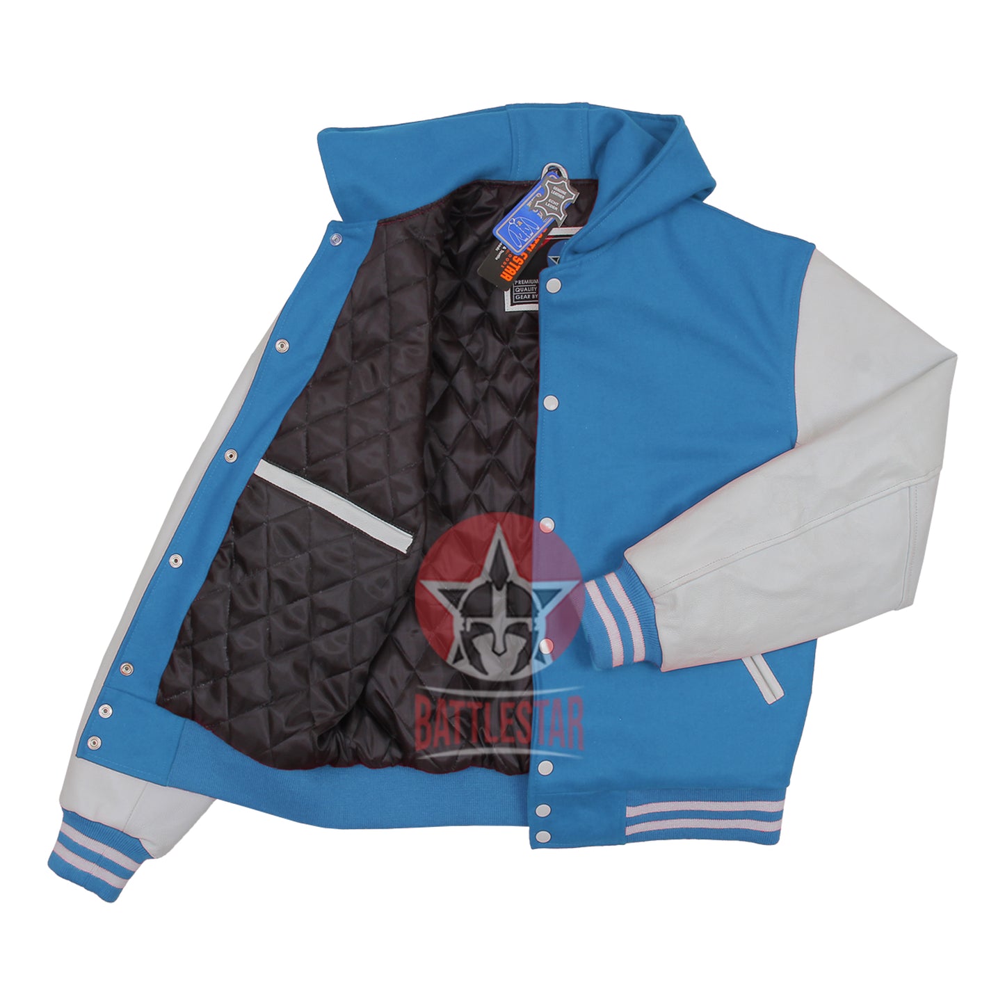 Sky Blue Wool White Leather Hooded Baseball Letterman Varsity Jacket