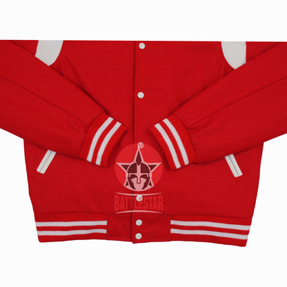 Byron Collar Red Wool White Leather Stripes Varsity Baseball Jacket