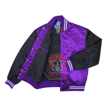 Purple Black Satin Varsity Baseball Bomber Jacket