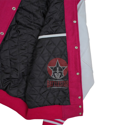 Pink Wool White Leather Varsity Baseball Jacket
