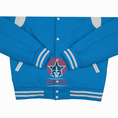 Byron Collar Sky Blue Wool White Leather Stripes Varsity Baseball Jacket