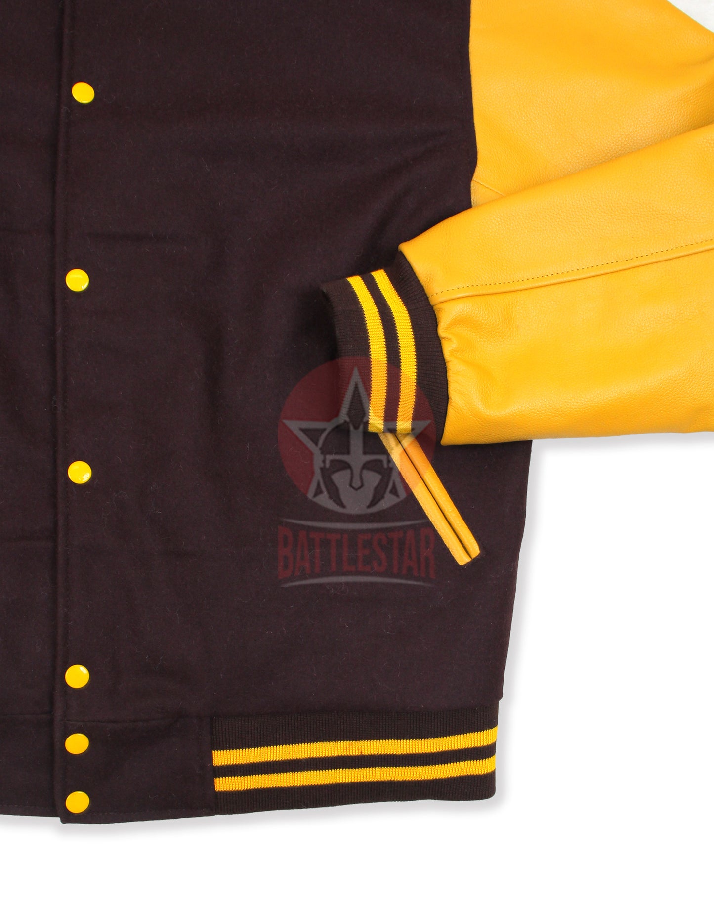 Brown Wool Gold Yellow Leather Sleeves Varsity Jacket