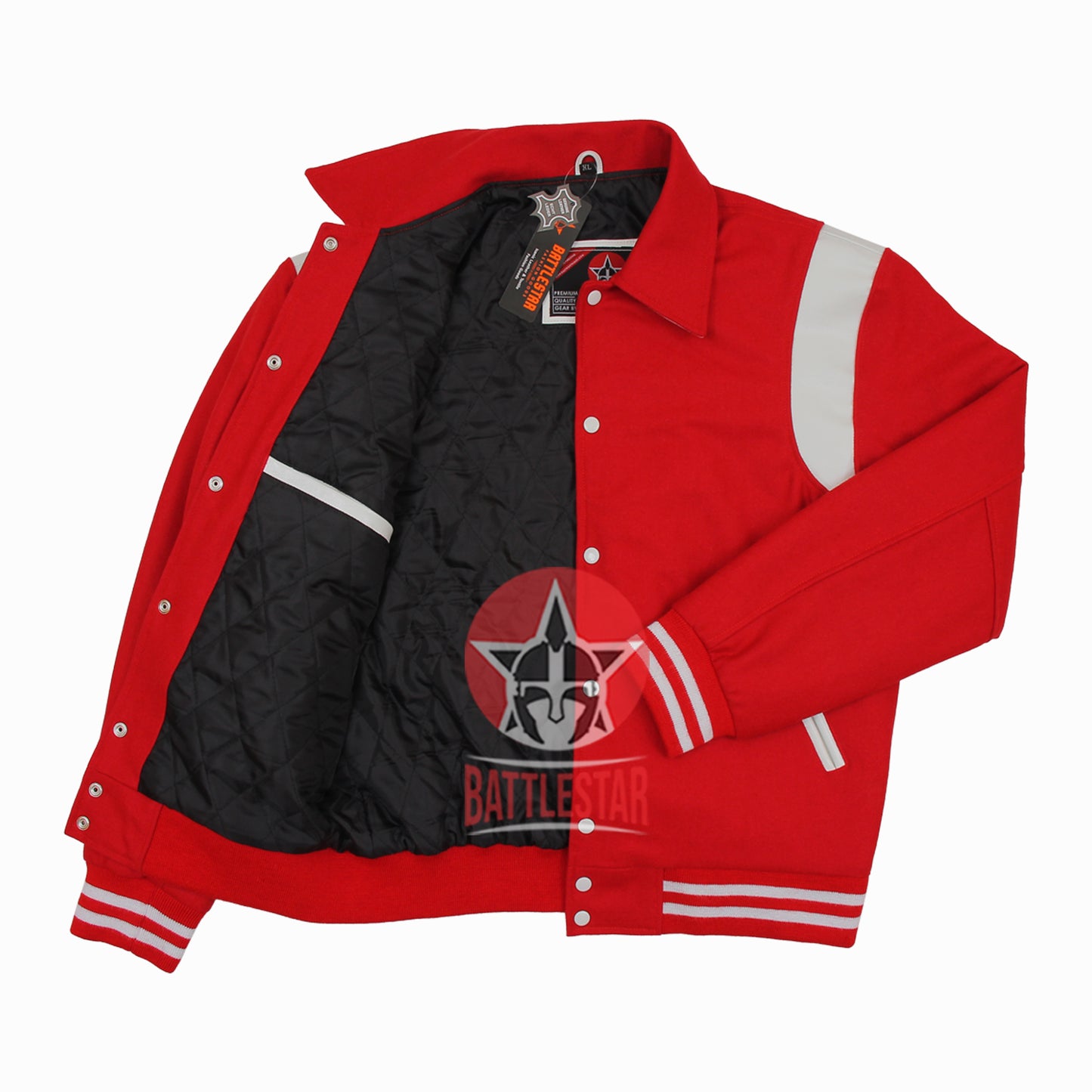 Byron Collar Red Wool White Leather Stripes Varsity Baseball Jacket
