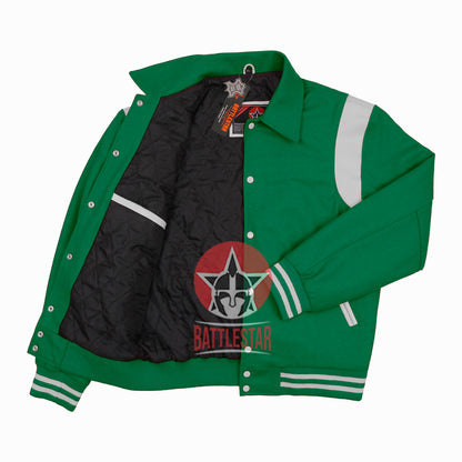 Byron Collar Kelly Green Wool White Leather Stripes Varsity Baseball Jacket