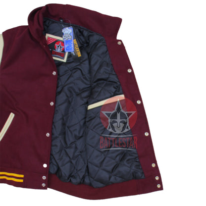 Maroon Wool Cream Leather Sleeves Hooded Varsity Jacket