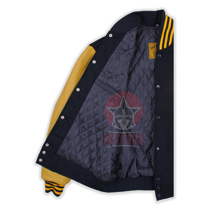 Black Wool Gold Yellow Leather Sleeves Varsity Jacket