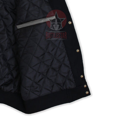 Black Wool Gray Leather Sleeves Hooded Varsity Jacket