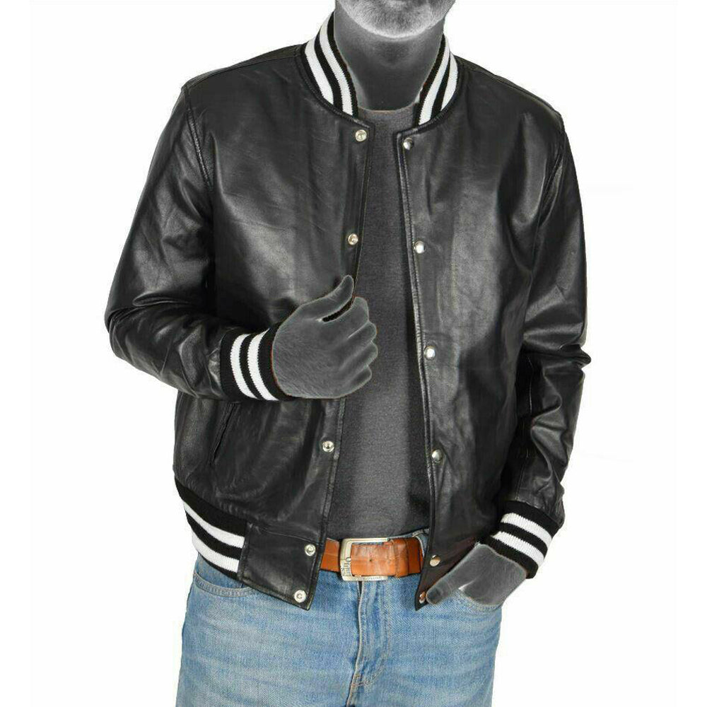 Black Leather Lightweight Bomber Varsity Style Jacket - Battlestar Clothing & Gears Co