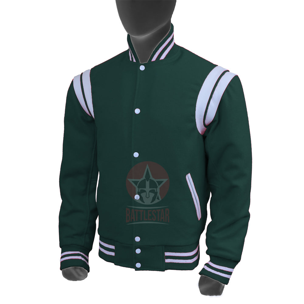 Forest Green Wool White Leather Stripes Varsity Jacket