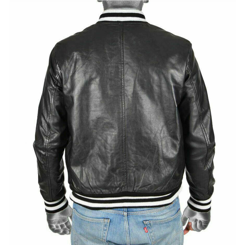 Black Leather Lightweight Bomber Varsity Style Jacket - Battlestar Clothing & Gears Co