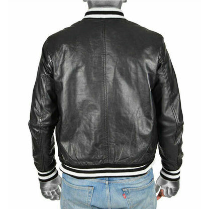 Black Leather Lightweight Bomber Varsity Style Jacket - Battlestar Clothing & Gears Co