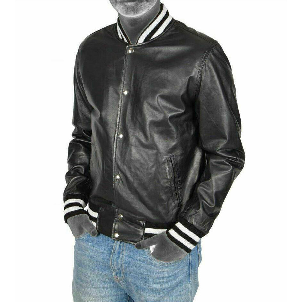 Black Leather Lightweight Bomber Varsity Style Jacket - Battlestar Clothing & Gears Co