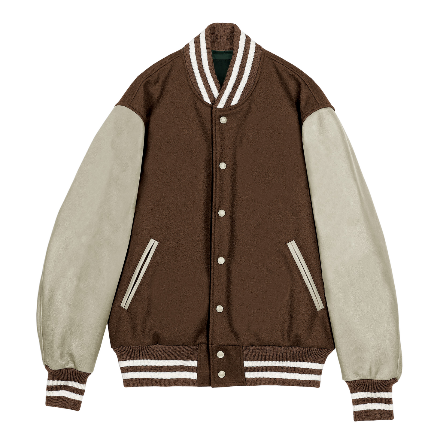 Brown Wool Cream Leather Sleeves Varsity Jacket