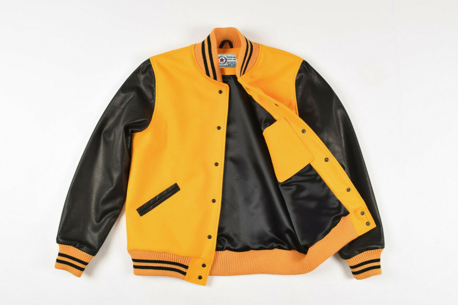 Gold Yellow Wool Black Leather Sleeves Varsity Jacket - Battlestar Clothing & Gears Co