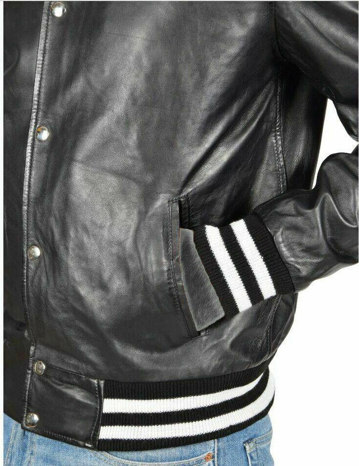 Black Leather Lightweight Bomber Varsity Style Jacket - Battlestar Clothing & Gears Co