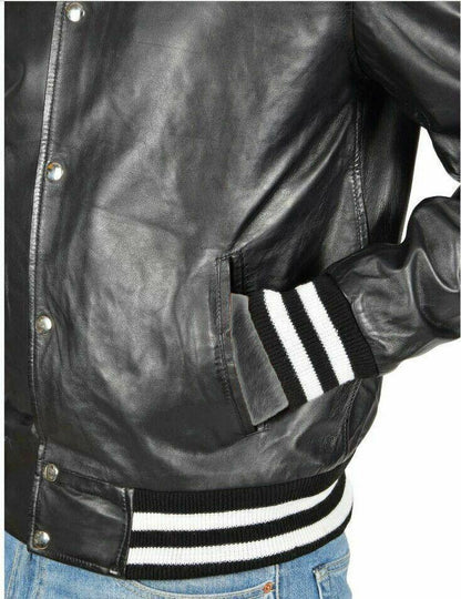 Black Leather Lightweight Bomber Varsity Style Jacket - Battlestar Clothing & Gears Co