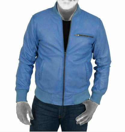 Classic Retro Bomber Varsity Men's Blue Leather Jacket - Battlestar Clothing & Gears Co